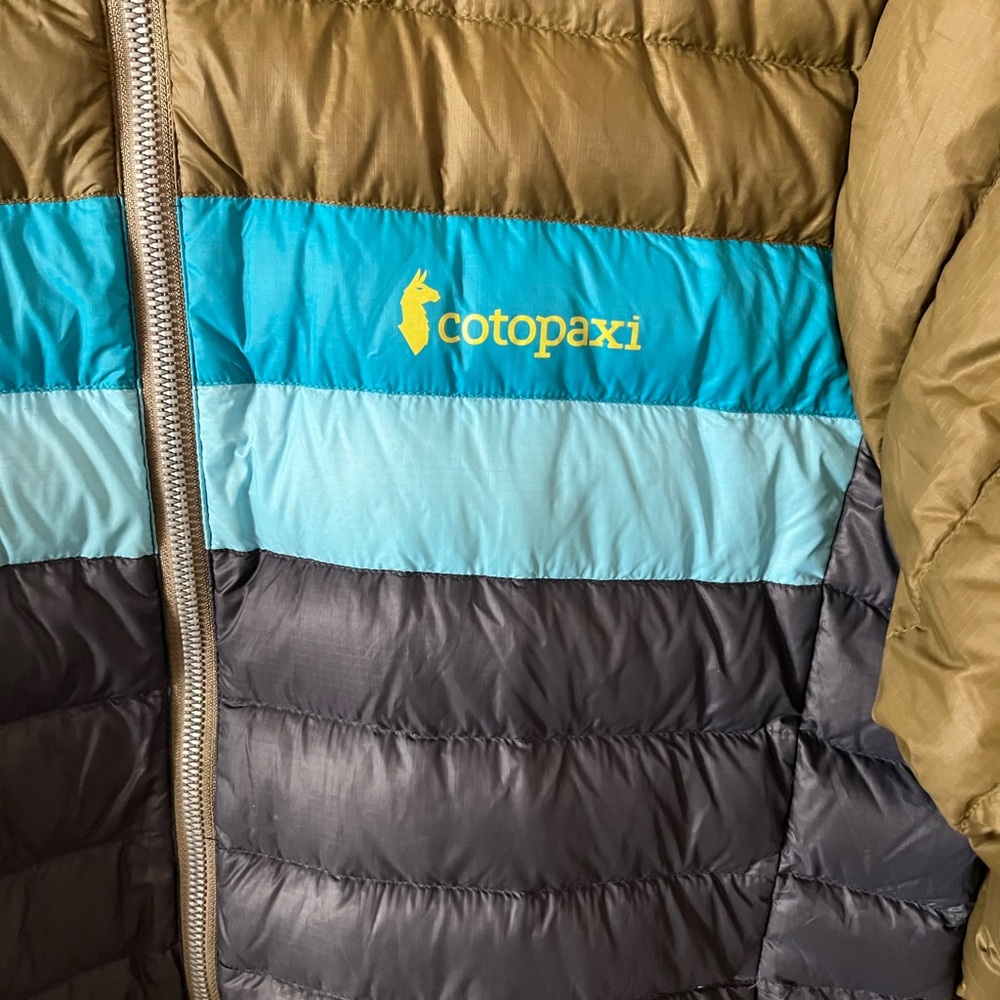‼️SOLD‼️ Cotopaxi Men's Fuego Hooded Puffer Jacket - Olive, Navy & Teal Stripes - Picture 7 of 11